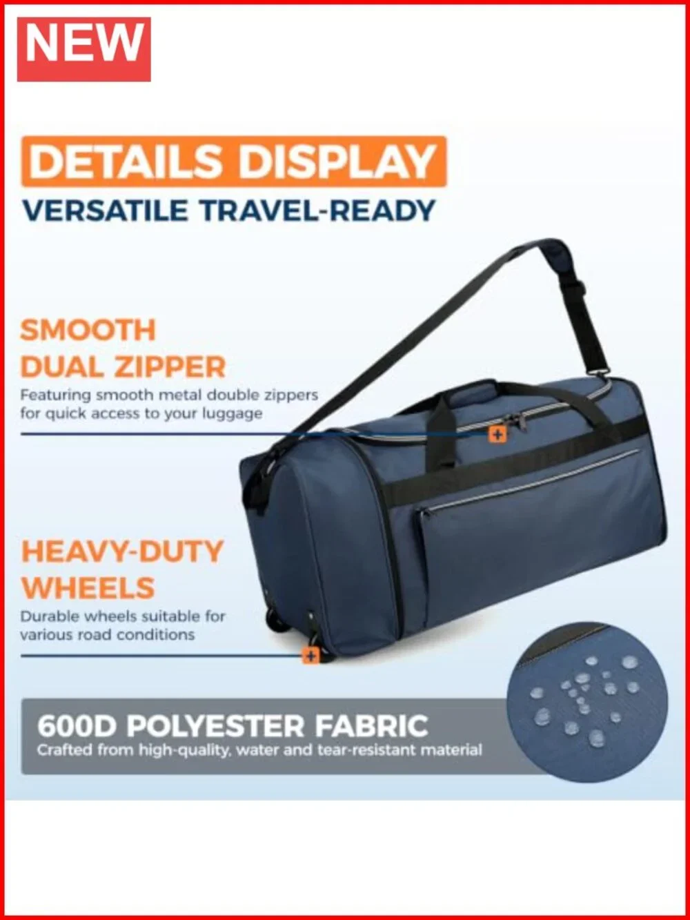 70L Foldable Rolling Duffle Bag with Wheels, Water Resistant Travel Duffel